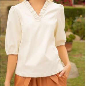COPY - VOY Faux leather RUFFLED V NECK PUFF SLEEVE PU TOP